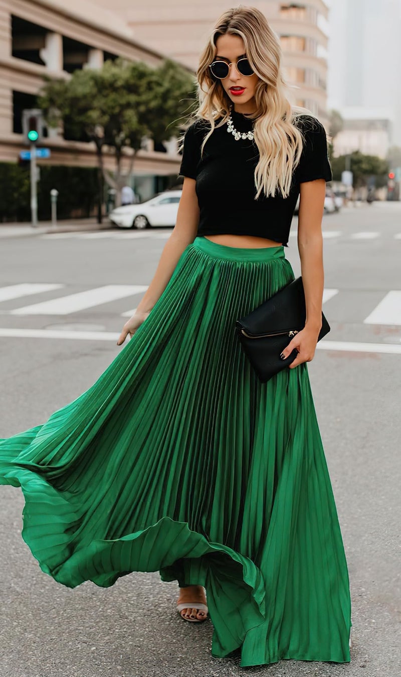 ebossy Women's High Waist Flowy Pleated Chiffon Maxi Skirt (Large, Green) - Image 3